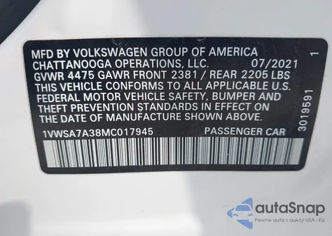 2021 Volkswagen Passat 2.0T Se из США, поврежденный, VIN 1VWSA7A38MC017945